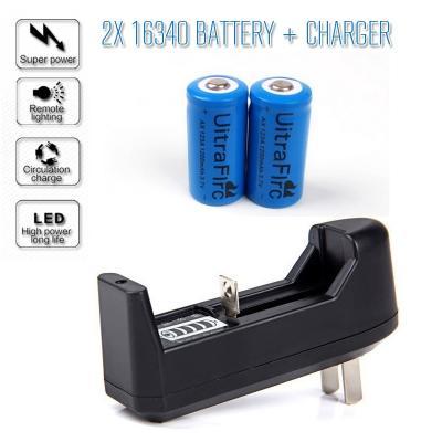 2x 16340 Battery 3.7v Rechargeable LED torch Battery + 16340 Lithium Battery Charger