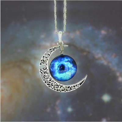 High Quality Silver Galaxy Cabochon Charm Moon Necklace Blue Nebula Galactic Cosmic Moon Necklace (Size 19; Color Silver)