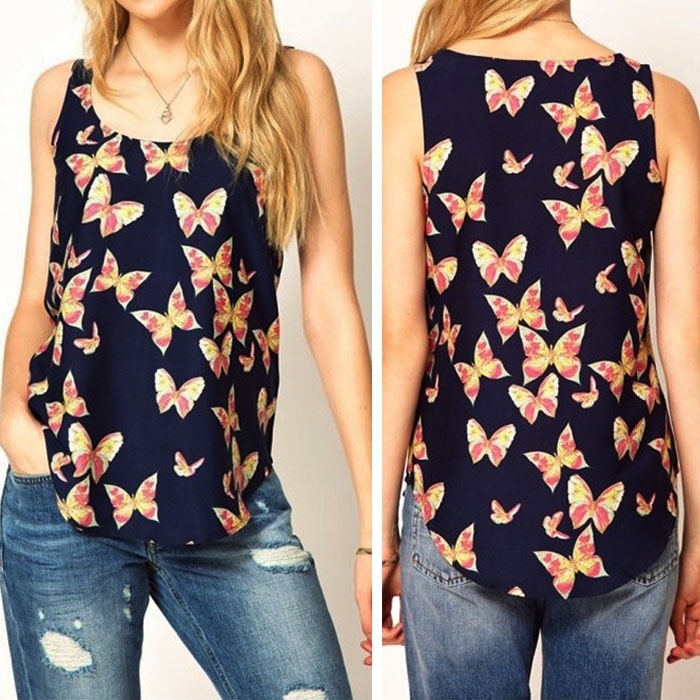 New Fashion Women Girls Lady Casual Butterfly Print Sleeveless