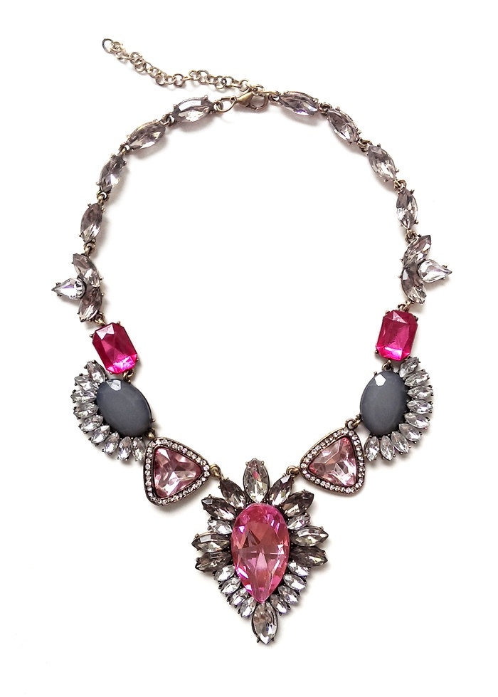 Pink statement necklace, pink crystal rhinestone bib necklace women's fashion (Color Pink)