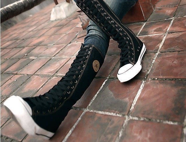 Womens Canvas Sneaker Punk Flat Tall Lace Up Knee High Boot Skater Shoe Sz  5-10