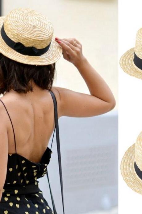 Beige Men / Women Lady Boater Summer Beach Ribbon Bowknot Round Flat Crown Straw Fedora Panama Hat (Size: 58 cm, Color: Beige)