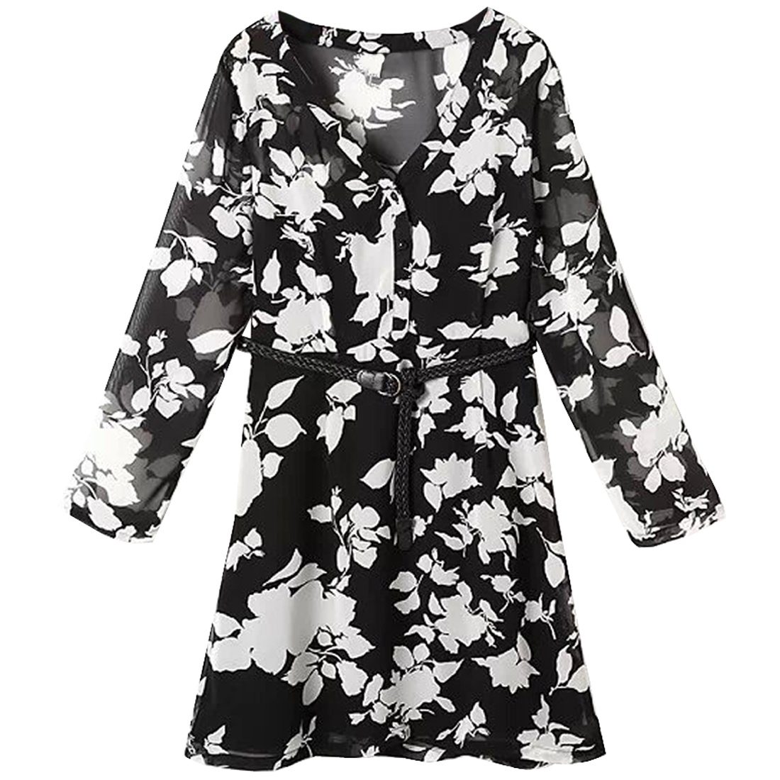 1210170 Black Flower Pattern Shift Dress